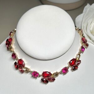 Vintage Anne Klein Silver tone Faceted Red & pink Crystal Necklace